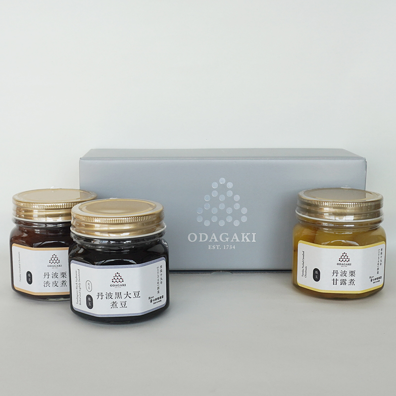 中ビン詰め合わせ　3本入り（黒大豆煮豆1本、栗甘露煮1本、栗渋皮煮1本）